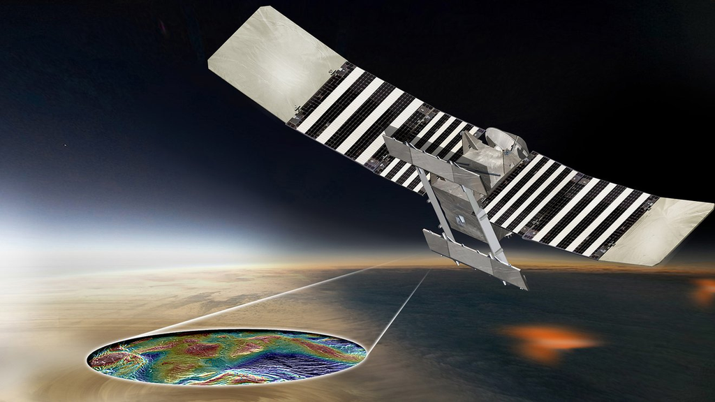 Representação artística da missão VERITAS usando o radar para produzir mapas da topografia de Vênus (Imagem: Reprodução/NASA/JPL-Caltech0