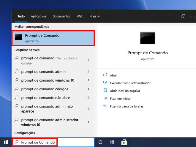 Na aba de busca do Windows 10, procure e selecione o "Prompt de Comando" (Captura de tela: Matheus Bigogno)