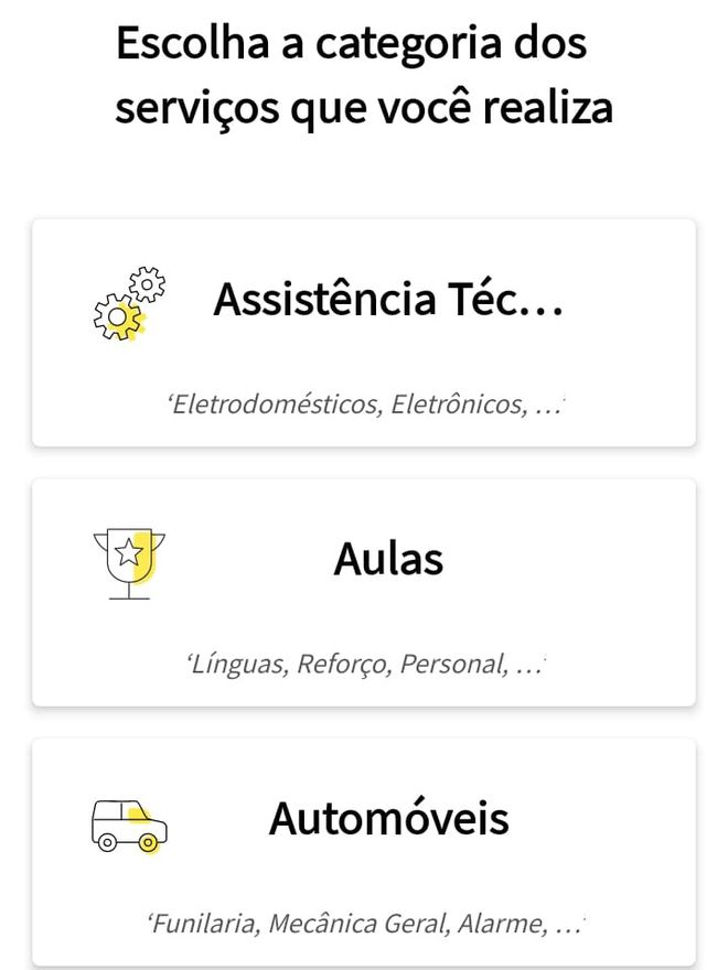 Selecione entre as mais de 200 categorias do site para cadastrar seu serviço (Imagem: Guadalupe Carniel/Captura de tela)