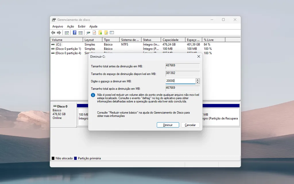 Crie uma partição do Windows para instalar o Linux no computador (Imagem: Thiago Furquim/Canaltech)