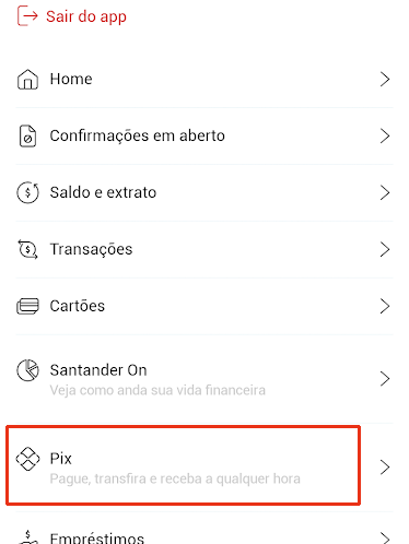 Exemplo da aba do Pix no aplicativo do Santander (Imagem: André Magalhães/Captura de tela)