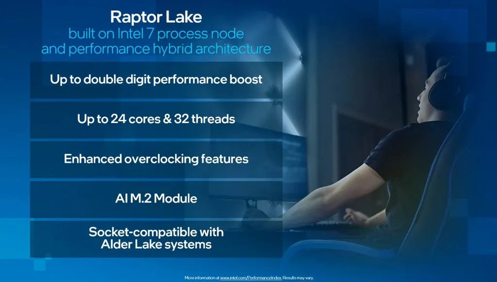 Fabricados em uma versão aprimorada do processo Intel 7, os chips Intel Raptor Lake de 13ª geração trarão novos P-Cores, maior quantidade de E-Cores, aprimoramentos de overclocking e compatibilidade com soquete LGA1700 (Imagem: Intel)