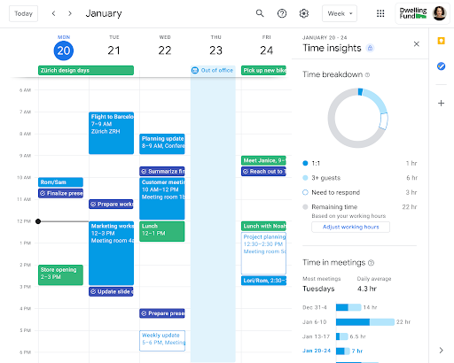 Seção dedicada do Google Agenda dará mais controle sobre tempo gasto em reuniões (Imagem: Reprodução/Google)