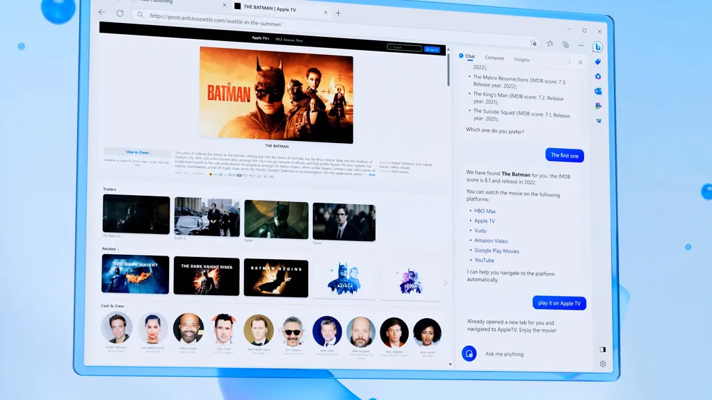 O Edge Actions permite ao Bing Chat executar ações para o usuário, como reproduzir filmes no seu streaming favorito (Imagem: Divulgação/Microsoft)