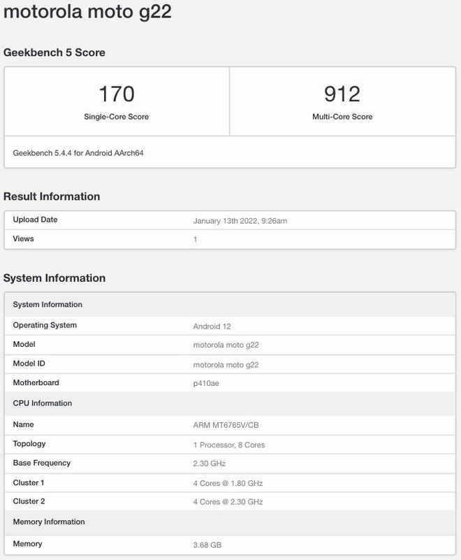 Moto G22 deve ser lançado já com o Android 12 de fábrica (Imagem: Reprodução/Geekbench)