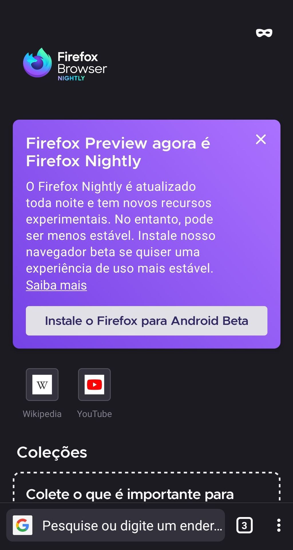 Aviso aparece quando o Firefox Preview é atualizado (Imagem: Douglas Ciriaco/Canaltech)