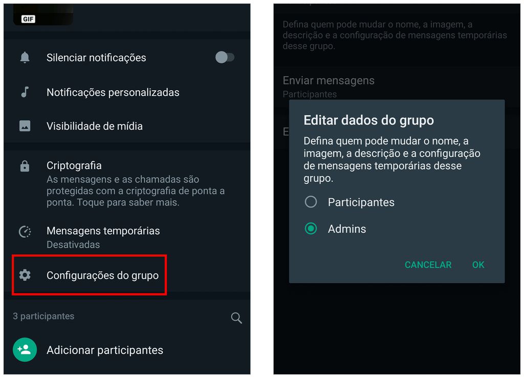 Altere as configurações do grupo de WhatsApp (Captura de tela: André Magalhães)