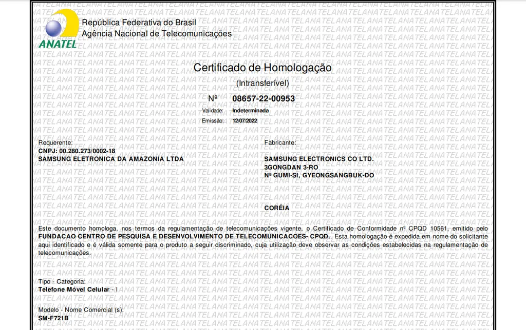 Certificado de homologação do Galaxy Z Flip 4 na Anatel (Imagem: Reprodução/Anatel)
