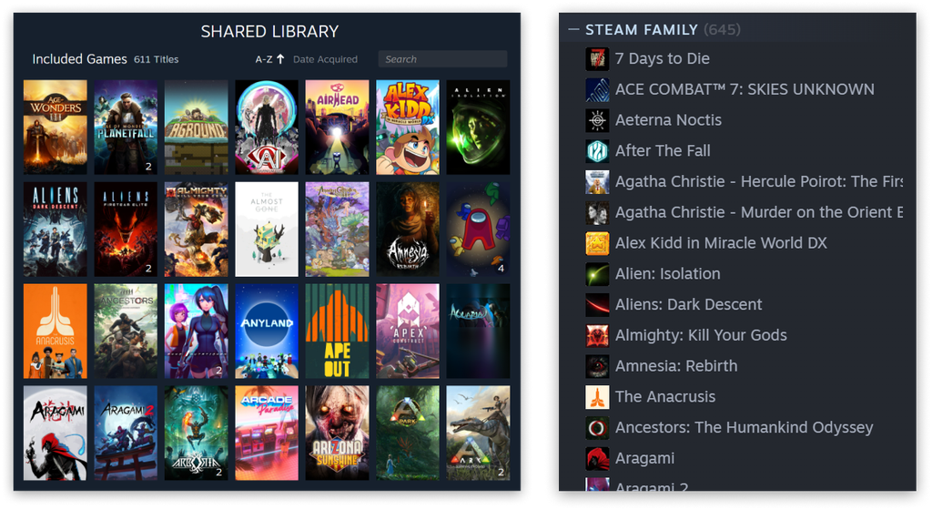 Jogos compartilhados em família aparecerão no menu de cada usuário adicionado na Steam, de acordo com as configurações de controle parental (Imagem: Divulgação/Valve)
