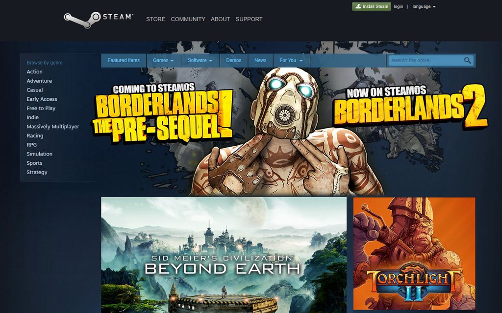O layout do site da Steam em 2014 se assemelha aos dias atuais (Imagem: Reprodução/Web Design Museum)