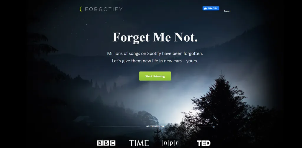 O Forgotify mostra músicas de forma aleatória, para ouvi-las basta clicar em "Start Listening" (Captura de tela: Munique Shih)