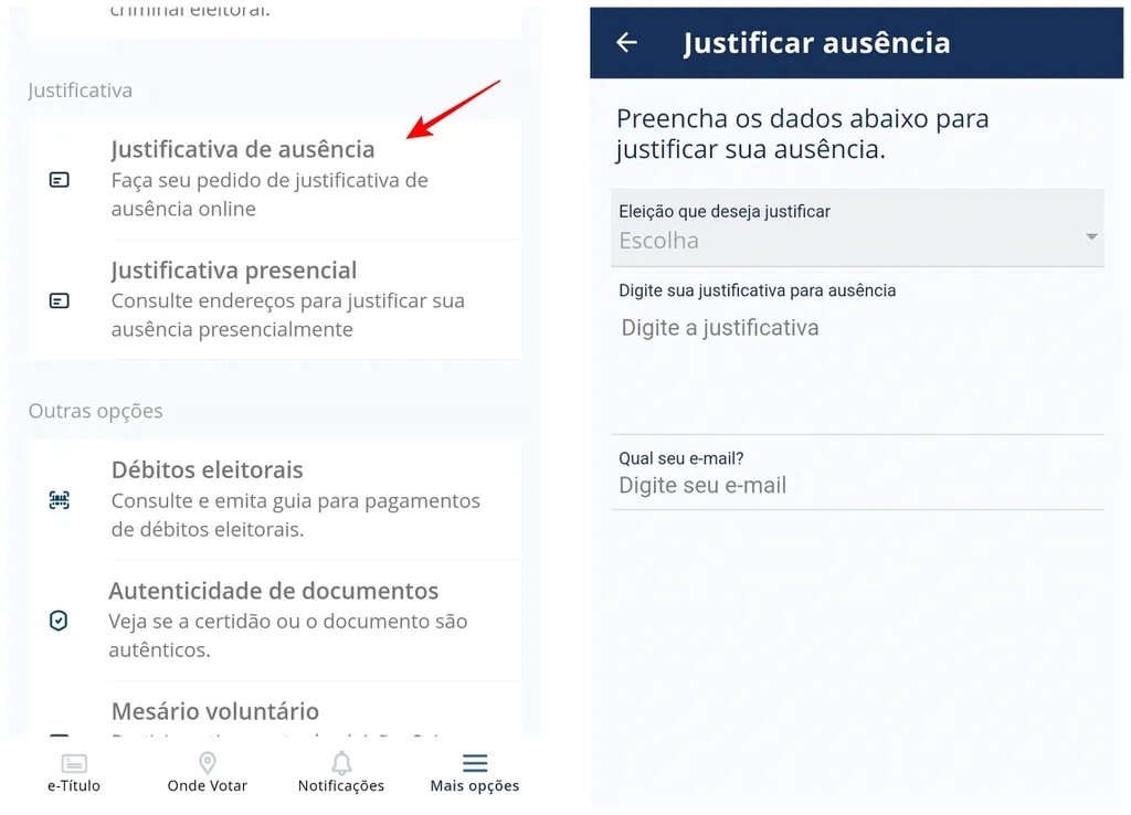Justifique o voto pelo aplicativo e-Título para smartphones Android e iPhone (Captura de tela: Thiago Furquim/Canaltech)