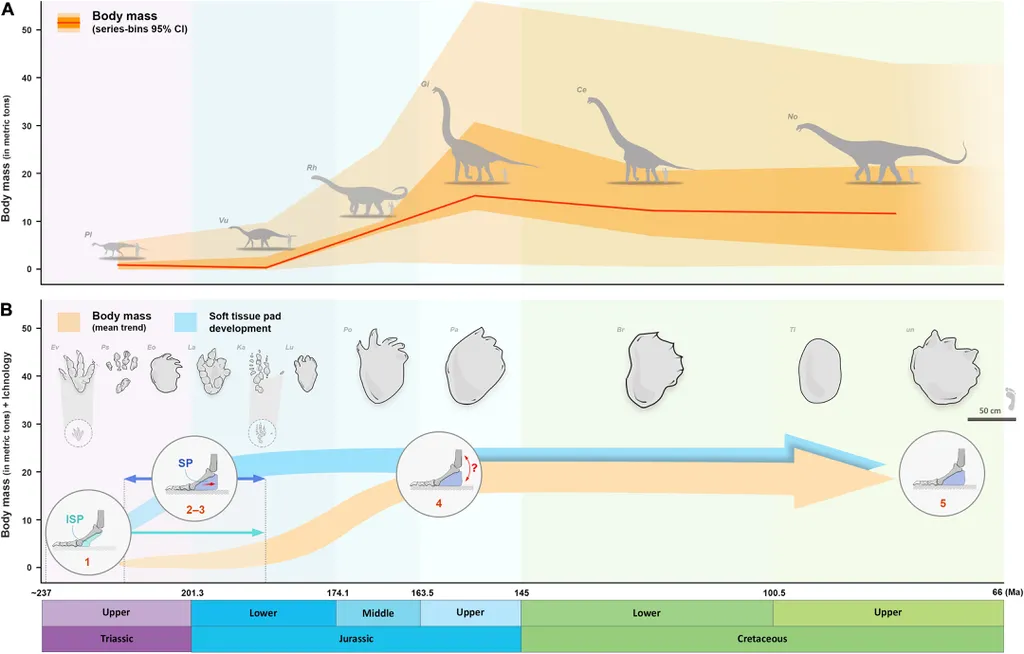 Evolução dos saurópodes e suas patas, que foram ficando acolchoadas à medida que seu peso aumentava (Imagem: Jannel et al./Science Advances)