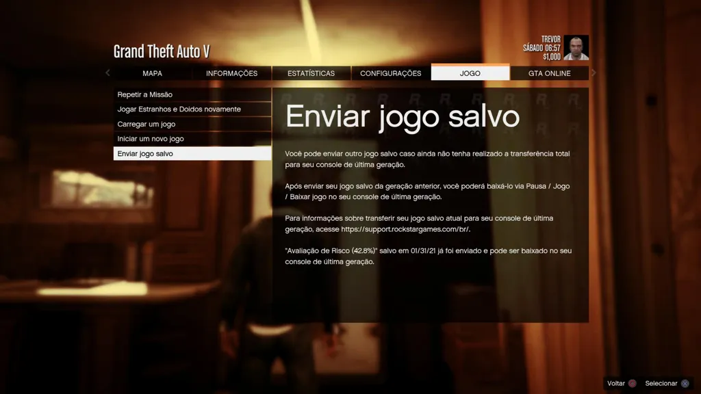 Opção de "Enviar Jogo Salvo" está no menu do game, na aba "Jogo". (Imagem: Captura de Tela/Bruna Penilhas/Canaltech).