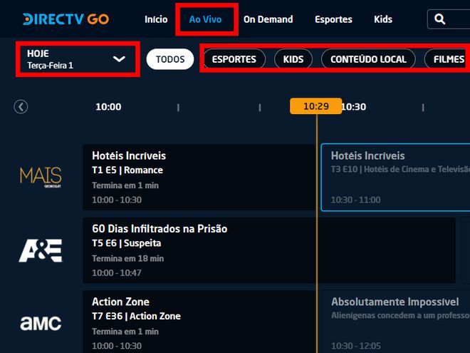 Acesse a aba "Ao Vivo" para visualizar a programação de todos os canais do DirecTV Go (Captura de tela: Matheus Bigogno)