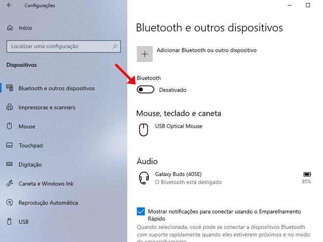 Em seguida, ative ou desative a opção de Bluetooth (Captura de tela: Matheus Bigogno)