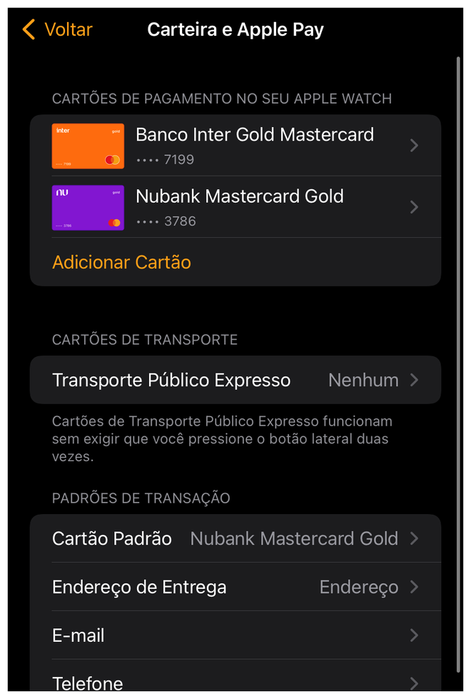 Adicione métodos de pagamento para pagar com o Apple Watch (Captura de tela: Thiago Furquim)