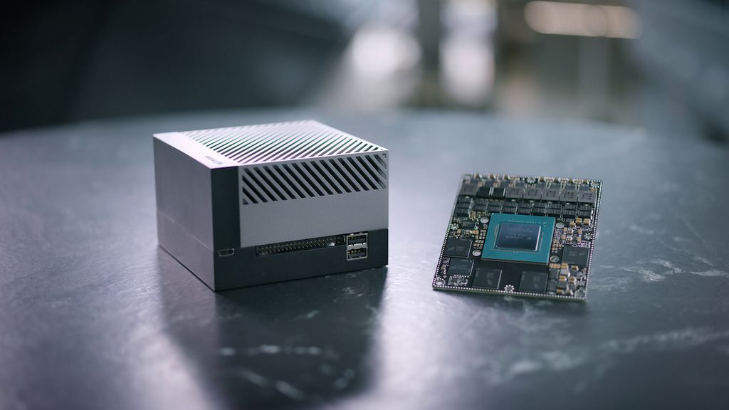 Com 200 TOPs de processamento, o Nvidia Jetson AGX Orin promete desempenho de servidor em um kit do tamanho da palma de uma mão (Imagem: Divulgação/Nvidia)