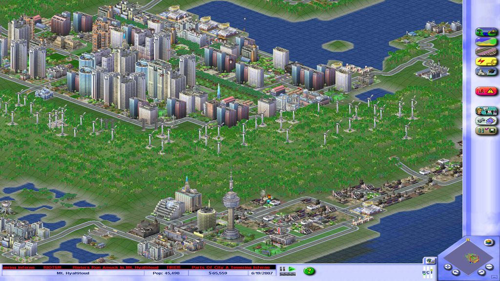 Jogos esquecidos da EA: Medal of Honor, Sim City e mais franquias que sumiram 2 Captura de tela de SimCity mostrando uma vista isométrica de uma cidade com diversos prédios, zonas industriais e parques eólicos