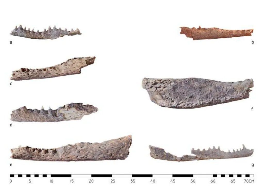 Mandíbulas e dentes de crocodilos encontrados em tumbas egípcias de Tebas (Imagem: Jawornicki et al./PCMA UW Asasif Project)