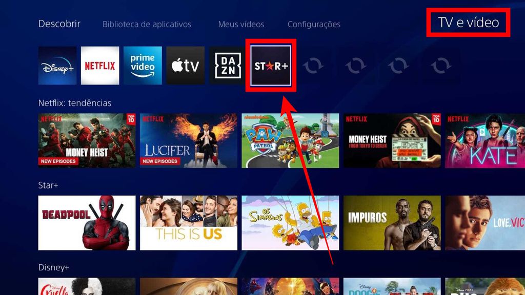 Para abrir o Star+, acesse a aba "TV e vídeo" no PS4 (Imagem: Rodrigo Folter/Captura de tela)