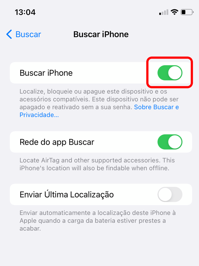 Toque no seletor de "Buscar iPhone" para desativá-lo - Captura de tela: Thiago Furquim (Canaltech)