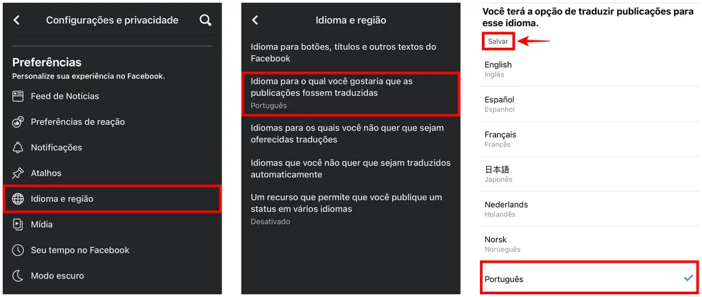 Altere as opções de idioma para traduções em páginas e no Feed do Facebook no celular (Captura de tela: Caio Carvalho)
