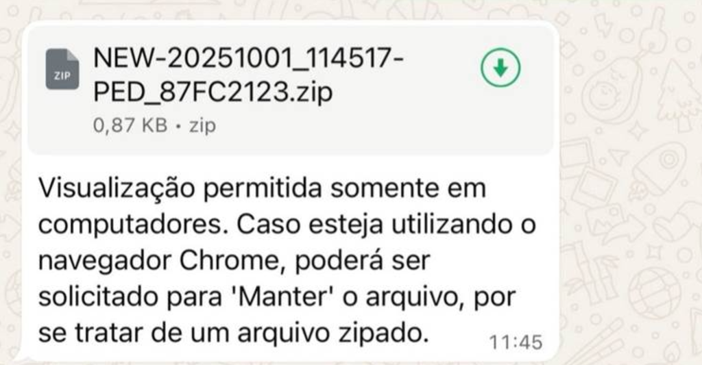 Vírus "caça" brasileiros para roubar dados bancários e se espalhar pelo WhatsApp 2 Mensagem usada para espalhar o malware a usuários brasileiros, como levantado por especialistas de segurança (Imagem: Kaspersky/Divulgação)