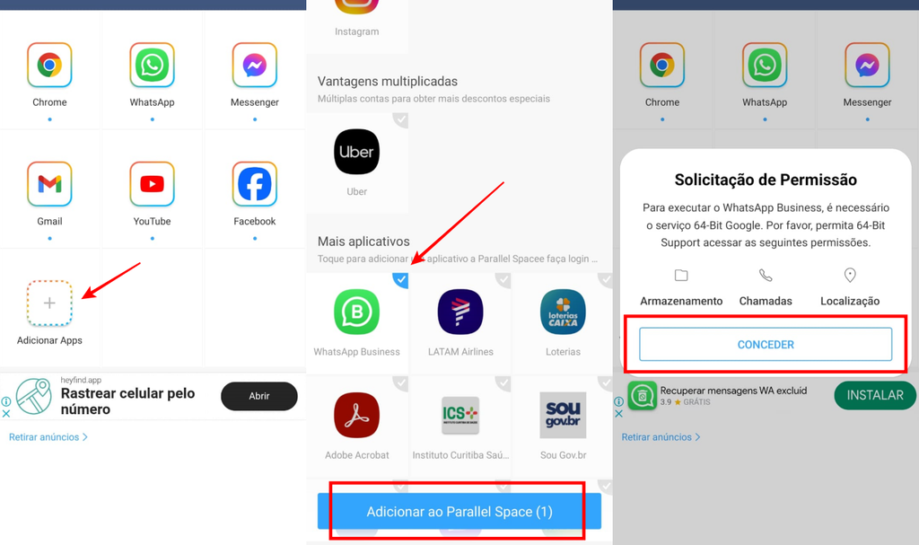 Com o Parallel Space, você pode ter dois WhatsApp Business no mesmo celular (Imagem: Captura de tela/Fabrício Calixto/Canaltech)