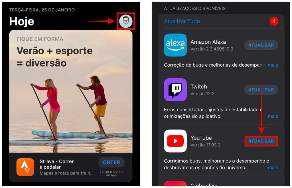 Atualizar YouTube no iPhone: novos updates ficam na seção "Conta" da App Store (Captura de tela: Caio Carvalho)