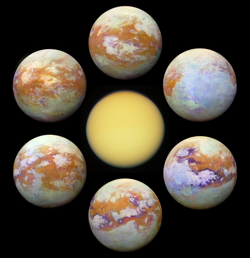 A superfície mapeada da lua Titã (Imagem: Reprodução/VIMS Team/U. Arizona/U. Nantes/ESA/NASA)