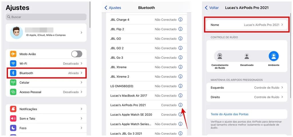 Acesse os aparelhos Bluetooth nos Ajustes do iOS para renomear um dispositivo (Captura de tela/Lucas Wetten/Canaltech)