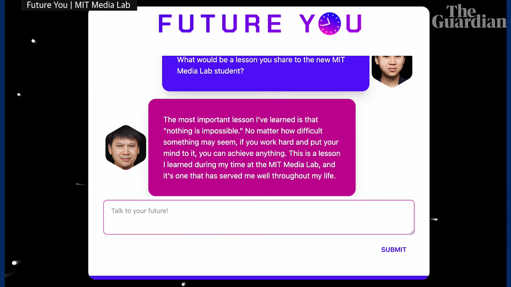 Demonstração do Future You, chatbot do MIT para falar com o seu "eu do futuro" (Imagem: Reprodução/The Guardian)