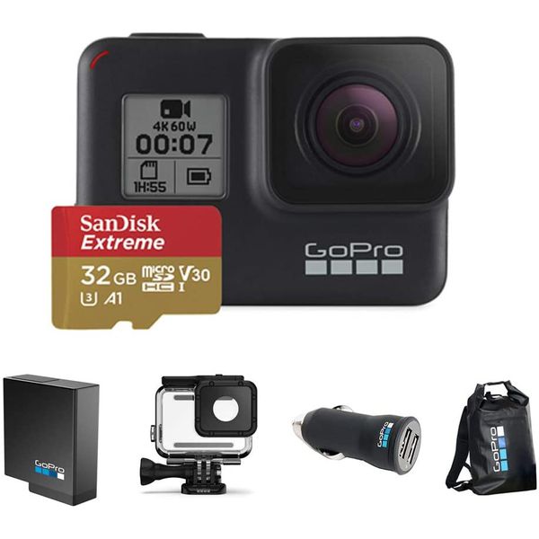 Kit Especial GoPro Câmera Hero 7 Black com Cartão 32GB Extreme, Bateria Extra, Caixa de Proteção, Carregador Veicular e Dry Bag 30l