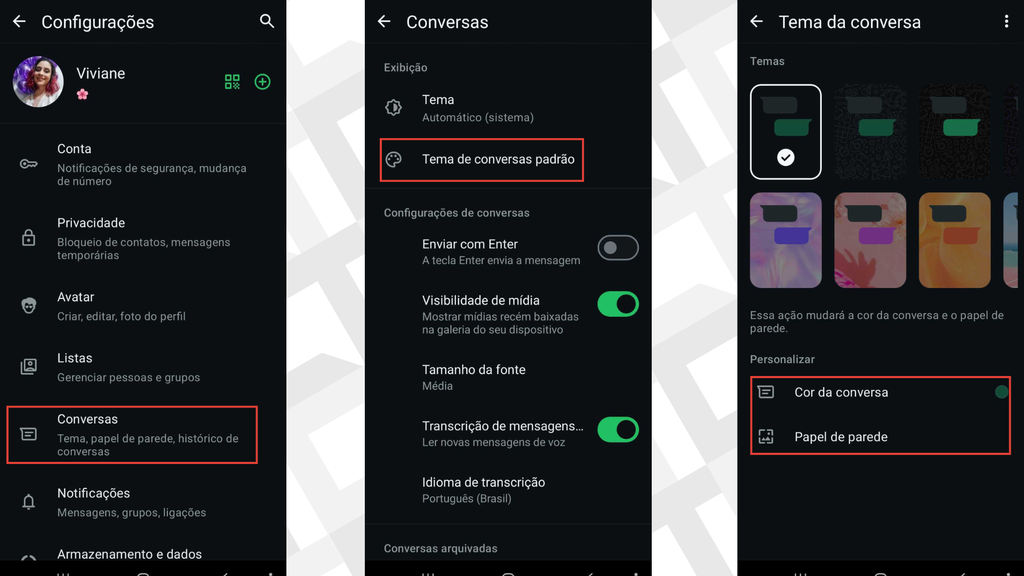 Captura de tela dos passos para mudar cor do WhatsApp no Android