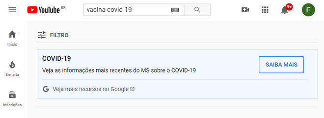 YouTube recomenda sites confiáveis quando usuário pesquisa sobre o coronavírus (Imagem: Captura de Tela/Fidel Forato/Canaltech)