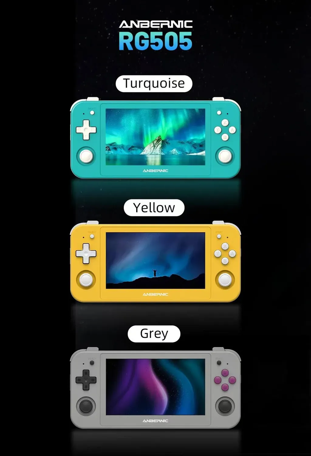 Console é vendido em três opções de cores (Imagem: Divulgação/Anbernic)