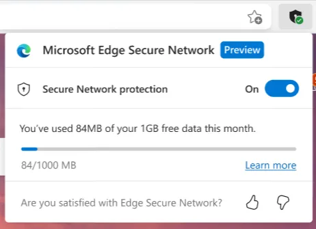 O Microsoft Edge Secure Network protege a comunicação do usuário com o site de destino com criptografia (Imagem: Reprodução/Microsoft)