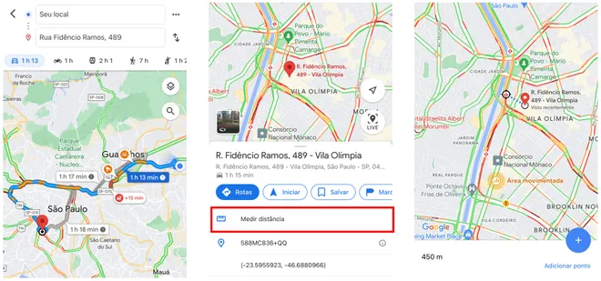 É possível medir a distância entre pontos no Google Maps (Captura de tela: Canaltech/Felipe Freitas)