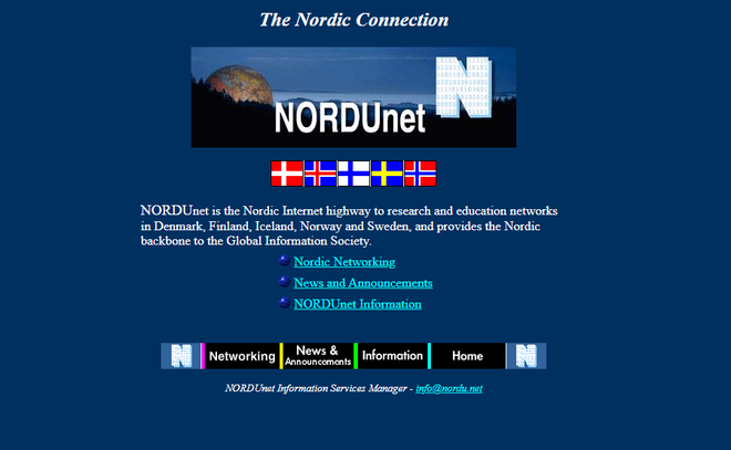 A NorduNET foi o primeiro domínio não-militar da internet: na foto, captura de tela de 1996 (Imagem: Reprodução/InternetArchive)