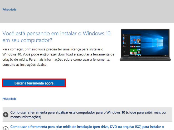 Acesse a área de download do Windows 10 e clique em "Baixar a ferramenta agora" (Captura de tela: Matheus Bigogno)