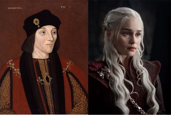 Retrato de Henrique Tudor (à esquerda) que serviu de inspiração para a criação de Daenerys Targaryen (à direita)