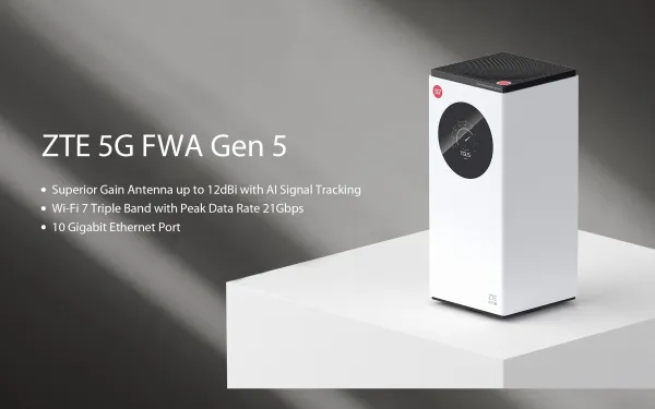 O novo 5G FWA Gen 5 da ZTE se destaca pelas otimizações de sinal, Wi-Fi 7 Triple Band, presença de porta ethernet de 10 Gbps e compatibilidade com o protocolo Matter (Imagem: Divulgação/ZTE)