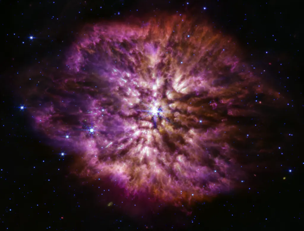 Estrela WR 124 observada pelo instrumento MIRI, que destaca a poeira produzida por ela (Imagem: Reprodução/NASA, ESA, CSA, STScI, Webb ERO Production Team)