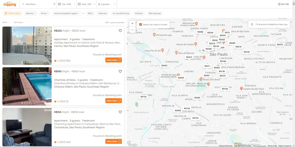 O Tripping é um agregador de imóveis para locação de vários serviços de aluguéis por temporada (Imagem: Captura de tela/Alveni Lisboa/Canaltech)