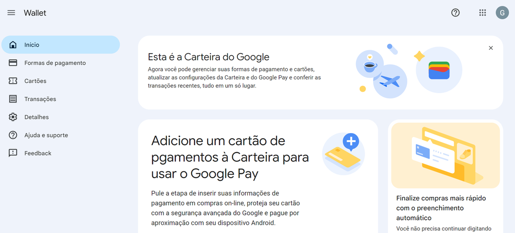 Tela inicial da versão web da Carteira do Google (Imagem: Captura de tela/Guilherme Haas/Canaltech)