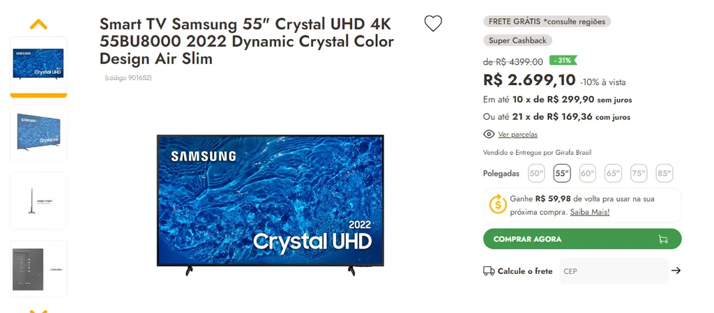 Smart TV Samsung 55" Crystal UHD 4K 55BU8000 2022 Dynamic Crystal Color ...