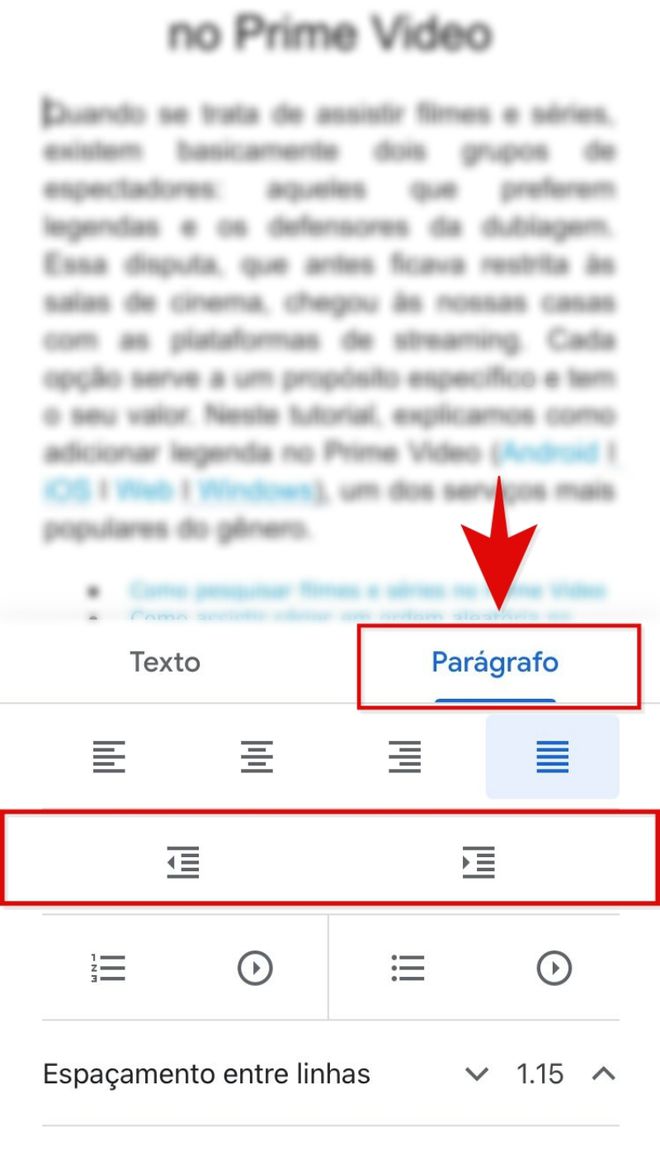 Na aba "Parágrafo", o usuário pode editar o alinhamento, o recuo, adicionar listas e determinar o espaçamento entre linhas. (Imagem: Kris Gaiato/Captura de tela)