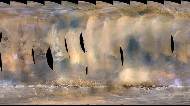 O pontinho azul é onde o Opportunity está em meio à tempestade marciana (Foto: NASA)