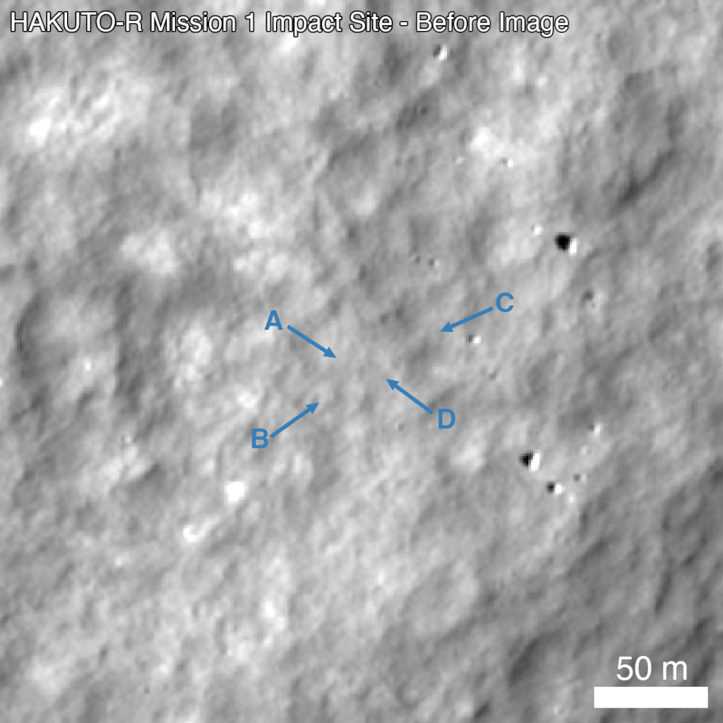 Imagens tiradas pela sonda Lunar Reconnaissance Orbiter antes e depois do impacto do Hakuto-R (Imagem: Reprodução/Goddard Space Fligh) Center da NASA/Arizona State University)